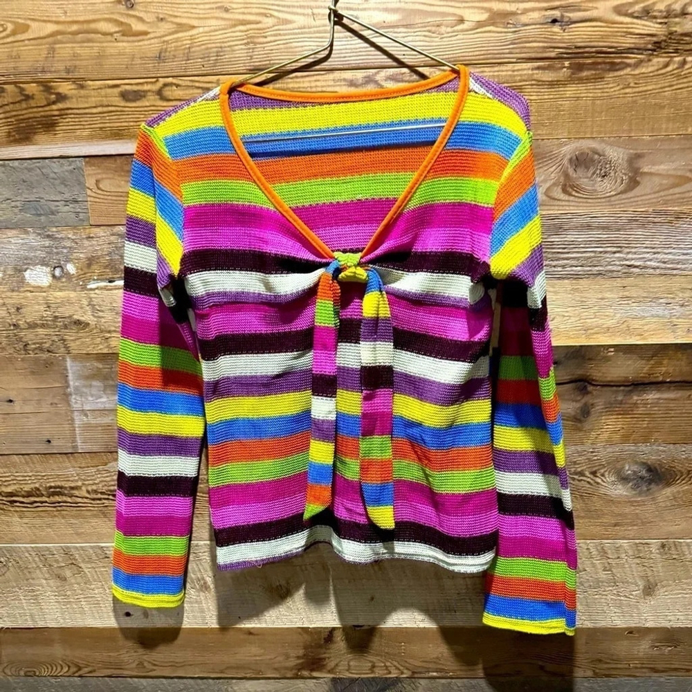 Vintage rainbow knit crochet multicolor tie front knit top hippie 90s rare XS
